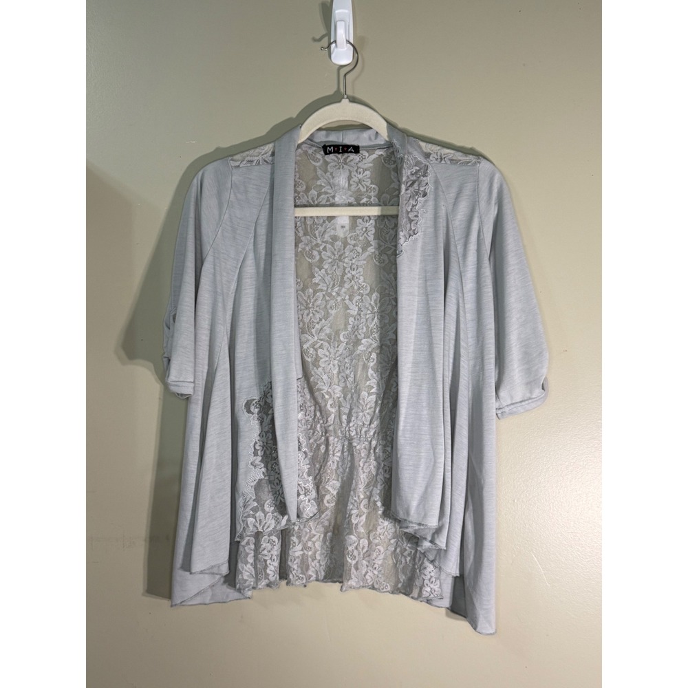 MIA Light Gray Lace Back Open Front Cardigan Short Sleeve Button Tab Style 61496